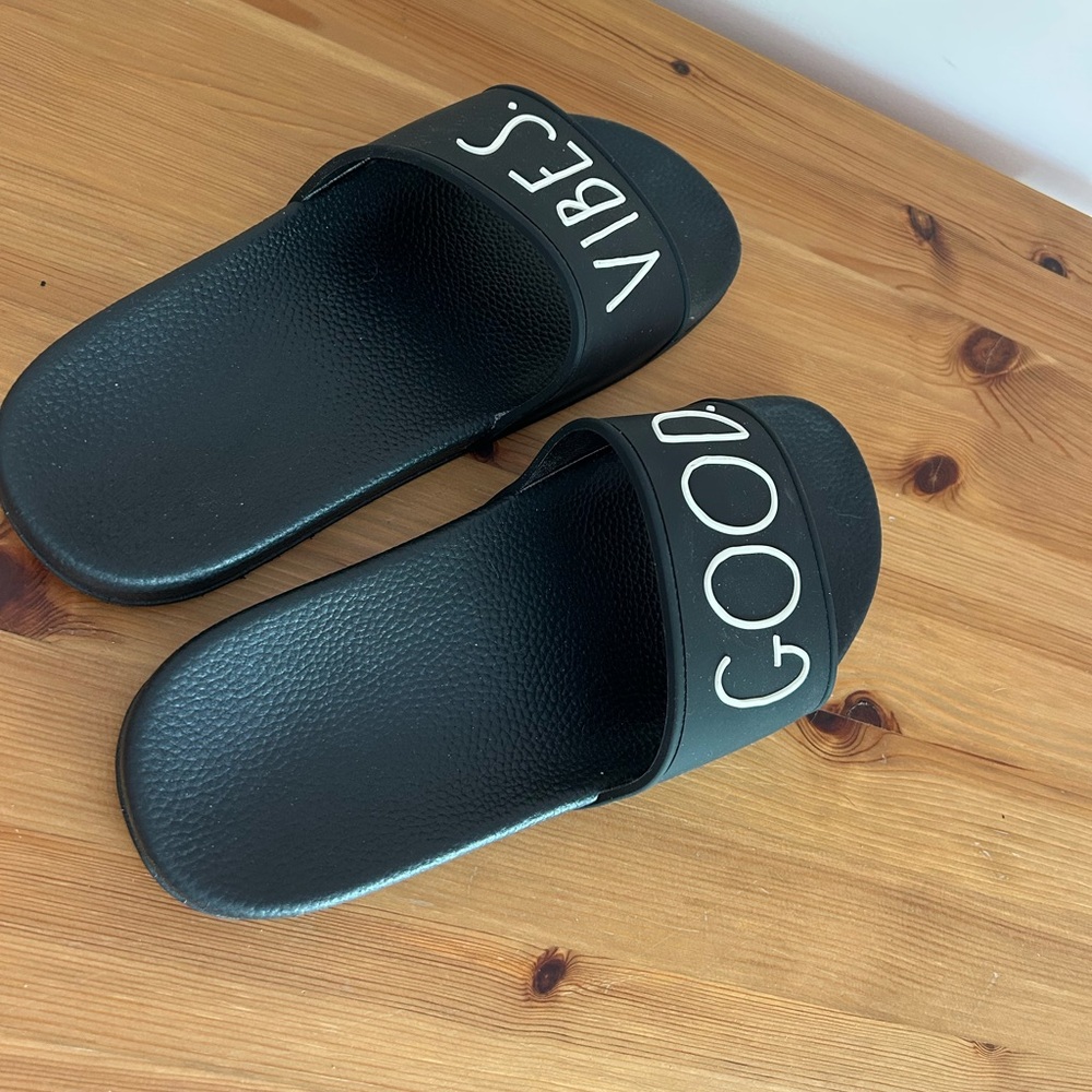 Rae Dunn Black Good Vibes Slide Sandals - Picture 15 of 15